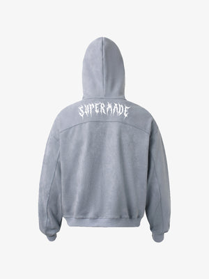 Vintage Suede Letter Embroidered Cropped Hooded Sweatshirt - thumbnail 3