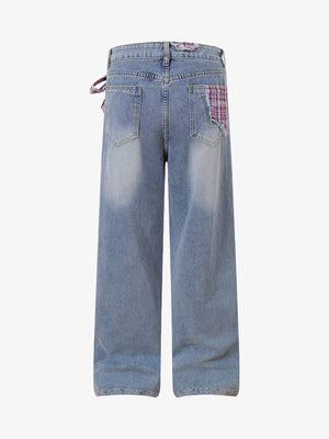 Light Wash Wide Leg Jeans with Pink Plaid Bow – back view | XoKool
