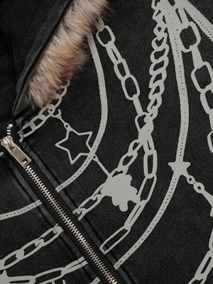 Retro Chain-Decorated Washed Fur Collar Hooded Jacket - thumbnail 6