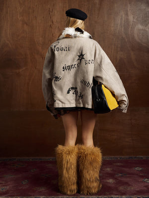Gothic Letter Print Fur Collar Quilted Cotton Jacket - thumbnail 8