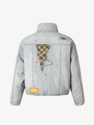 Street Illusion Denim Print Stand Collar Padded Cotton Jacket - thumbnail 2