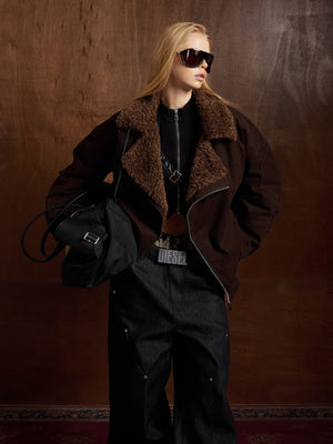 Street Punk Oblique Zipper Lambswool Collar Quilted Jacket - thumbnail 11