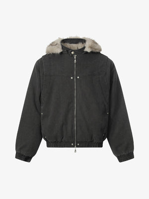 Street Outdoor Detachable Fur Collar Fleece Hooded Padded Jacket - thumbnail 2