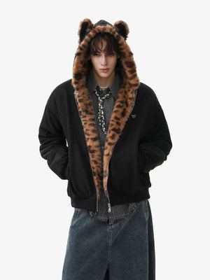 Tiger Print With Ears Hooded Fur Jacket - thumbnail 3