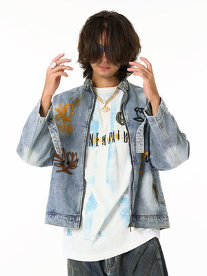 Retro Street Floral Embroidery Washed Zipper Denim Jacket - thumbnail 5