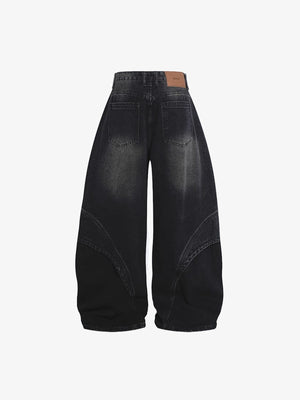 Baggy Barrel Jeans with Curved Seams – Black, back flat | XoKool