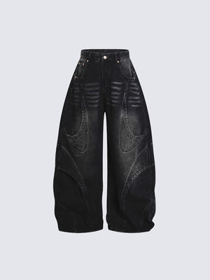 Baggy Barrel Jeans with Curved Seams – Black, front flat | XoKool