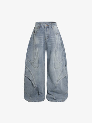 Baggy Barrel Jeans with Curved Seams – Blue, front flat | XoKool