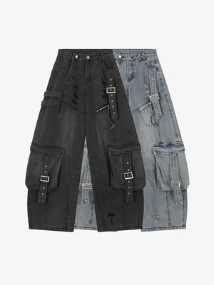 Baggy Cargo Jeans with Buckle Straps – Black and Light Blue, front flat lay | XoKool