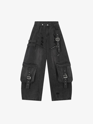 Baggy Cargo Jeans with Buckle Straps – Black, front flat lay | XoKool