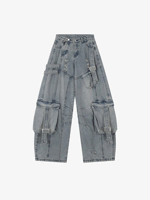 Baggy Cargo Jeans – Hellblau, Vorderseite flach ausgelegt | XoKool