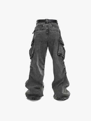 Baggy Cargo Jeans in Grey Acid Wash – back flat | XoKool