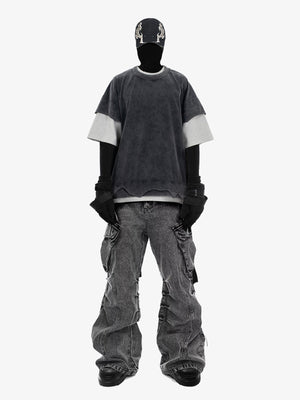 Baggy Cargo Jeans in Grey Acid Wash – on model, front | XoKool