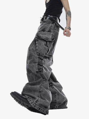 Baggy Cargo Jeans in Grey Acid Wash – on model, walking side | XoKool