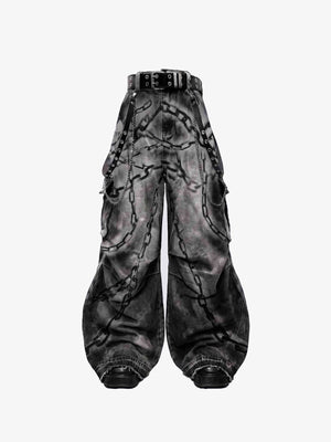 Baggy Cargo Pants with Chain Print – Black, front flat | XoKool
