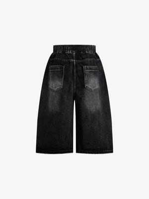 Shorts de denim baggy con cintura elástica y cordón – negro, vista trasera plana | XoKool