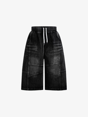 Shorts de denim baggy con cintura elástica y cordón – negro, vista frontal plana | XoKool