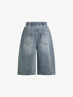 Shorts de denim baggy con cintura elástica y cordón – azul claro, vista trasera plana | XoKool