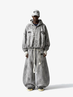 Baggy Grey Sweatpants with Dirty Wash – On model front with matching hoodie | XoKool