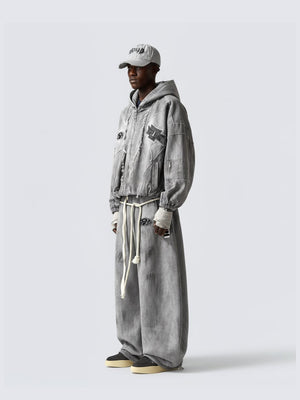 Baggy Grey Sweatpants with Dirty Wash – On model side with matching hoodie | XoKool