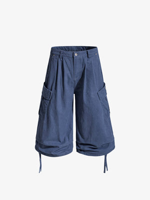 Baggy Pleated Cargo Shorts with Drawstring Hems – Blue, front flat | XoKool
