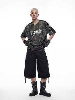 Baggy Pleated Cargo Shorts with Drawstring Hems – on model, front | XoKool