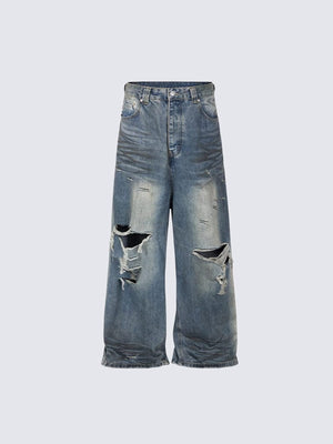 Baggy Ripped Jeans with Raw Hem – front flat | XoKool