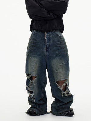Baggy Ripped Jeans with Raw Hem – on model, front | XoKool