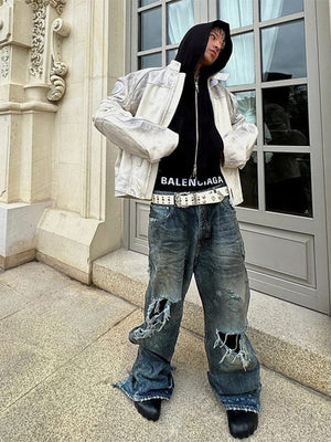 Ripped raw hem jeans – street photo with jacket | XoKool