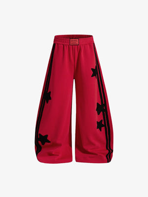 Baggy Star Track Pants with Double Side Stripes – Red, front view | XoKool