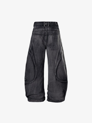 Jeans cargo balloon con bolsillos de ojales – Negro, trasera plana | XoKool