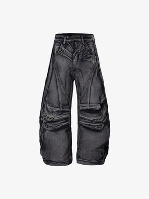 Jeans cargo balloon con bolsillos de ojales – Negro, frontal plana | XoKool