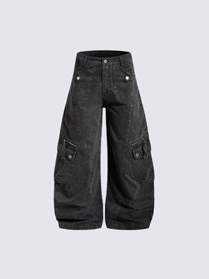 Barrel Cargo Pants in Washed Black or Grey – Black, front flat | XoKool