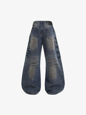Barrel Leg Dirty Wash Jeans with Side Buttons – back view flat | XoKool