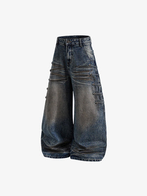 Barrel Leg Dirty Wash Jeans with Side Buttons – front view flat | XoKool