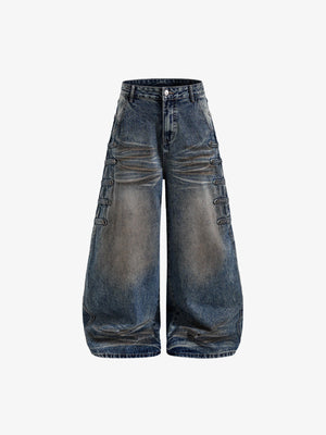 Barrel Leg Dirty Wash Jeans with Side Buttons – front view flat | XoKool