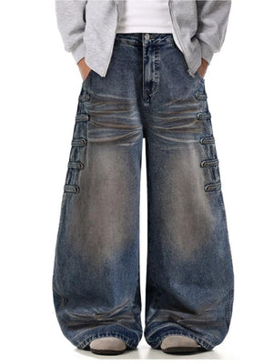 Barrel Leg Dirty Wash Jeans with Side Buttons – on model, front | XoKool