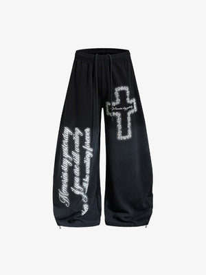 Barrel Leg Gradient Sweatpants with Cross Print – Black, front view | XoKool