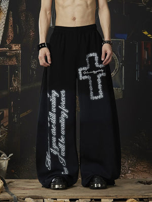 Barrel Leg Gradient Sweatpants with Cross Print – Black, on model front | XoKool