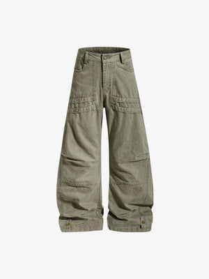 Pantalones barrel con pliegues en las rodillas – Verde oliva, frontal plana | XoKool