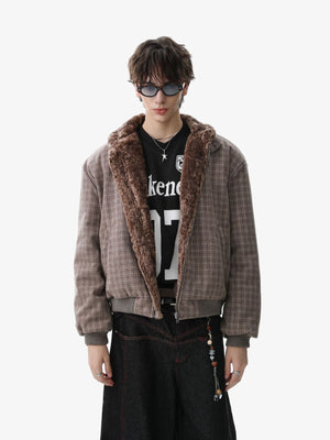 Retro Plaid Fur Collar Warm Padded Jacket - thumbnail 5