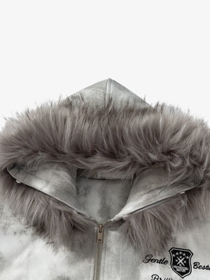 Vintage Tie-Dye Detachable Fur Collar Hooded Bomber Jacket - thumbnail 12