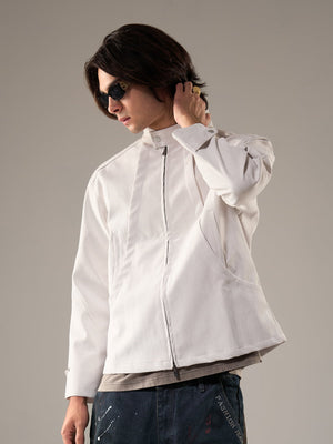 Deconstructed Split Stand Collar PU Leather Jacket - thumbnail 5