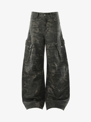Vintage Camouflage Print Multi-Pocket Cargo Barrel Pants - thumbnail 1