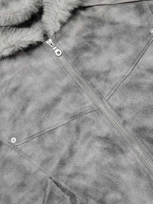 Faux Suede Vintage Wash Fur Hood Padded Jacket - thumbnail 5