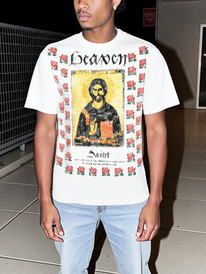 Jesus Icon Rose Graphic T-Shirt in Weiß – am Model, Vorderseite | XoKool