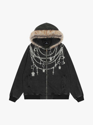 Retro Chain-Decorated Washed Fur Collar Hooded Jacket - thumbnail 1
