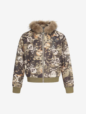 Skull Camouflage Fur Collar Hot Diamond Hooded Jacket - thumbnail 1