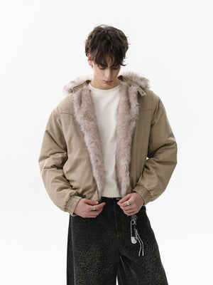 Street Outdoor Detachable Fur Collar Fleece Hooded Padded Jacket - thumbnail 6