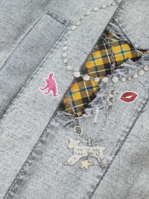 Street Illusion Denim Print Stand Collar Padded Cotton Jacket - thumbnail 13